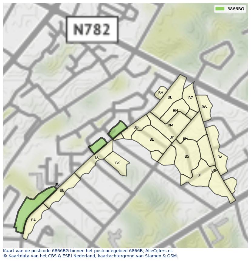 Afbeelding van het postcodegebied 6866 BG op de kaart.