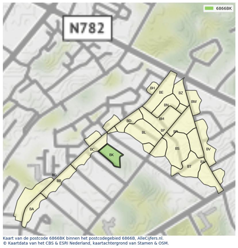 Afbeelding van het postcodegebied 6866 BK op de kaart.