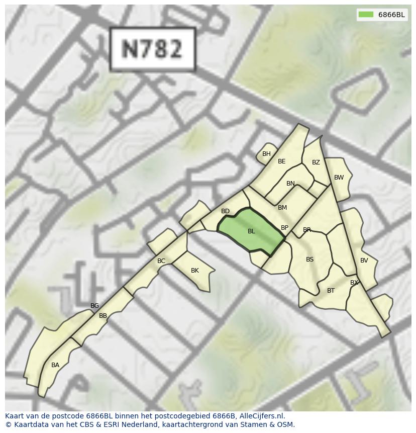 Afbeelding van het postcodegebied 6866 BL op de kaart.
