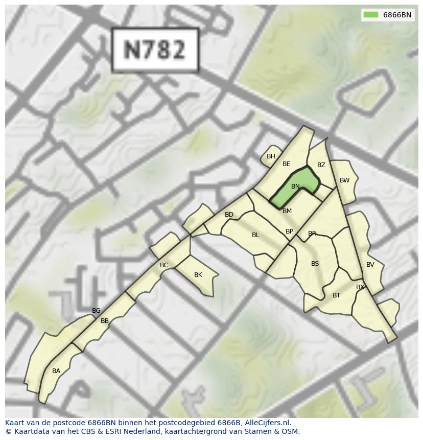 Afbeelding van het postcodegebied 6866 BN op de kaart.