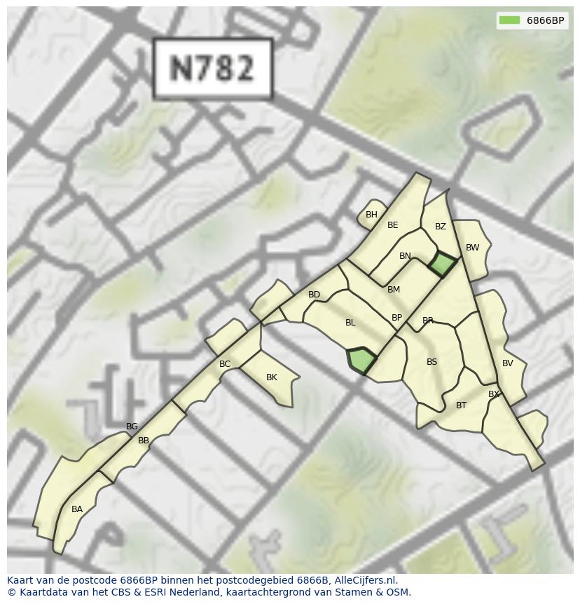 Afbeelding van het postcodegebied 6866 BP op de kaart.