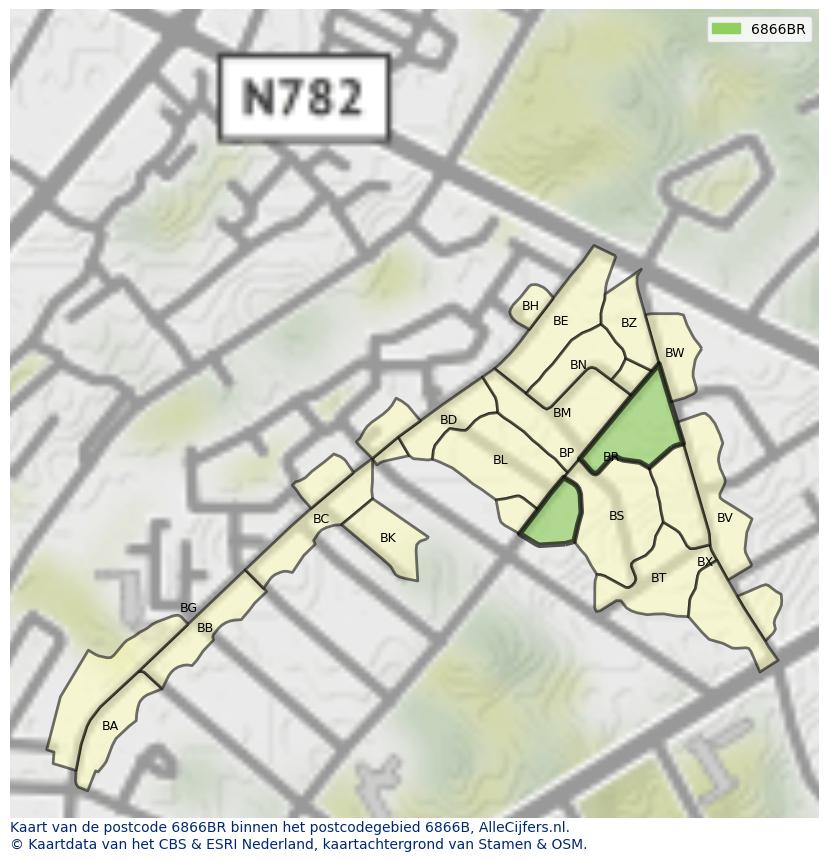 Afbeelding van het postcodegebied 6866 BR op de kaart.