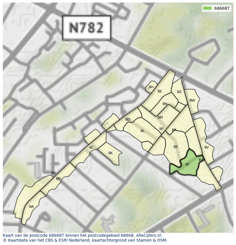 Afbeelding van het postcodegebied 6866 BT op de kaart.