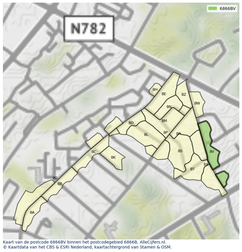 Afbeelding van het postcodegebied 6866 BV op de kaart.