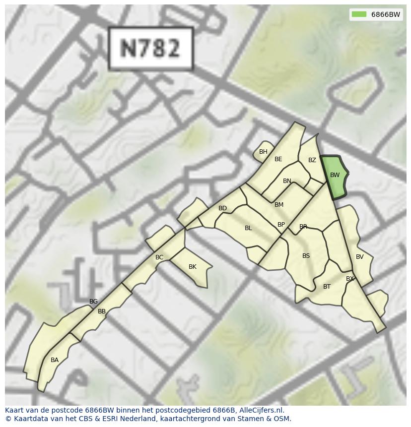 Afbeelding van het postcodegebied 6866 BW op de kaart.