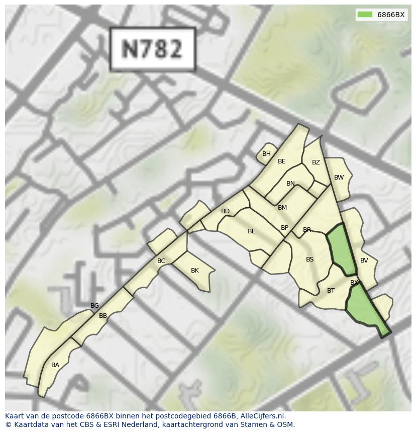 Afbeelding van het postcodegebied 6866 BX op de kaart.