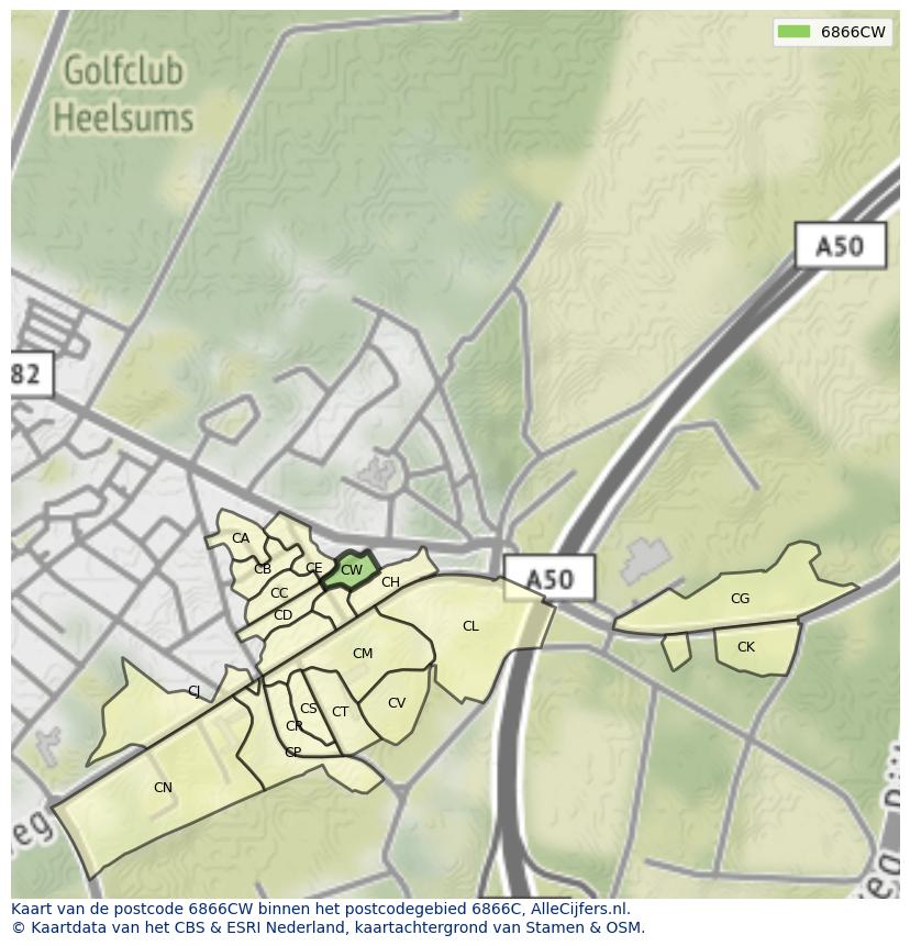 Afbeelding van het postcodegebied 6866 CW op de kaart.