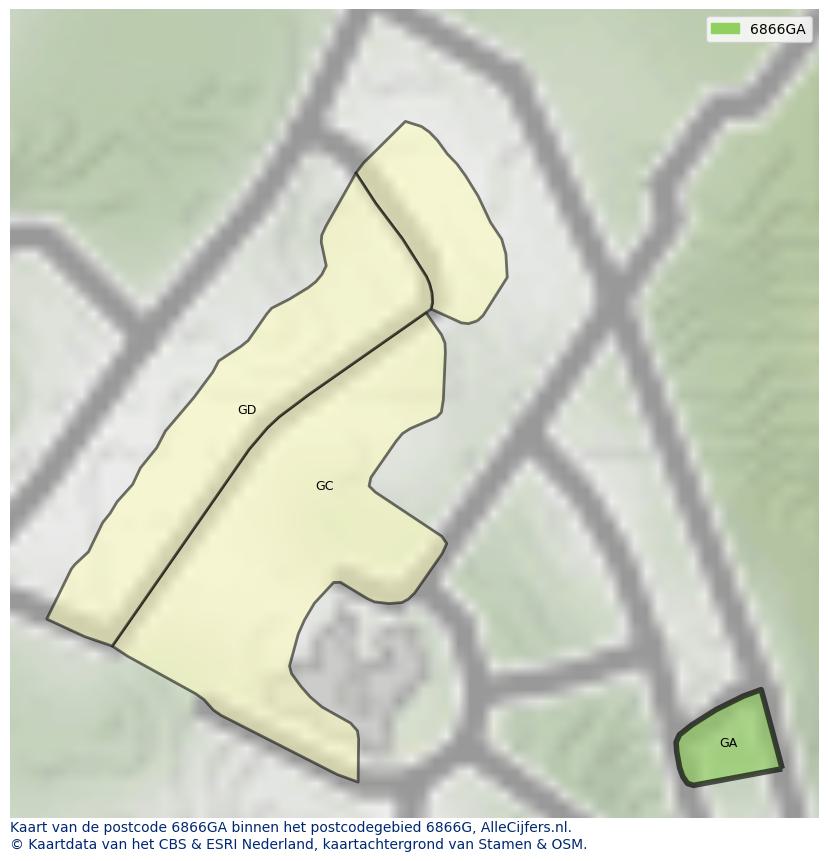 Afbeelding van het postcodegebied 6866 GA op de kaart.