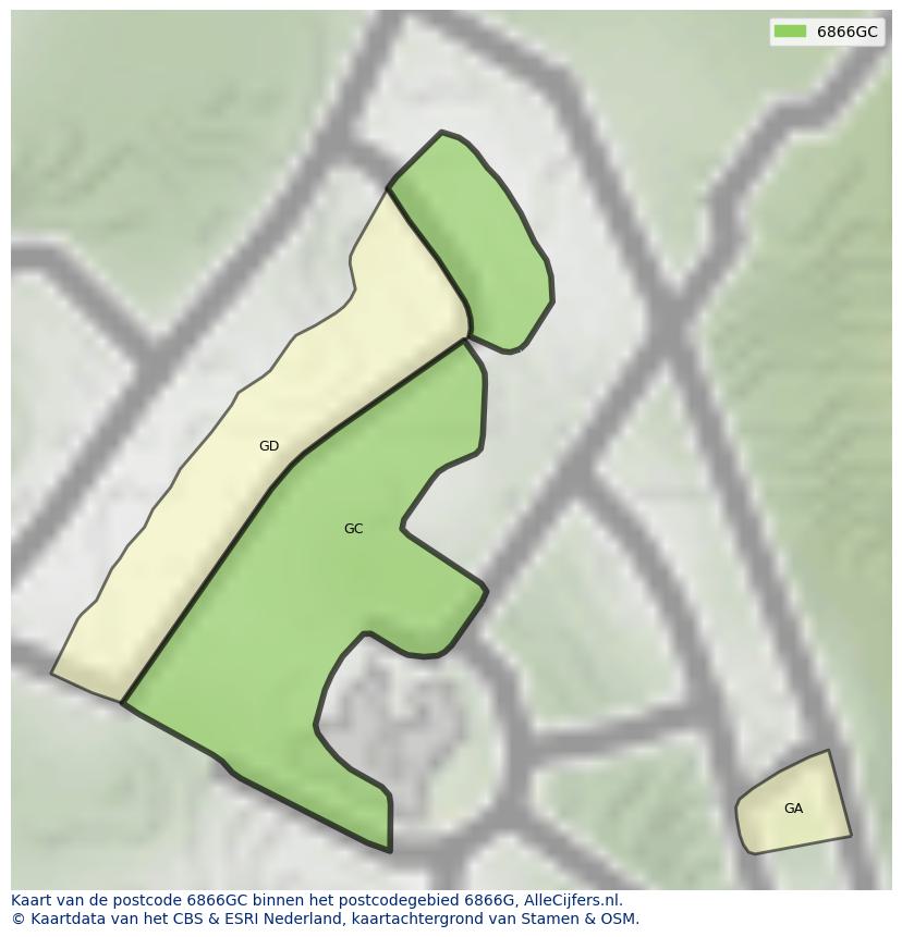 Afbeelding van het postcodegebied 6866 GC op de kaart.