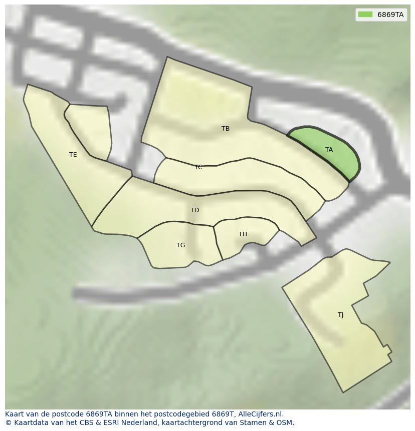 Afbeelding van het postcodegebied 6869 TA op de kaart.
