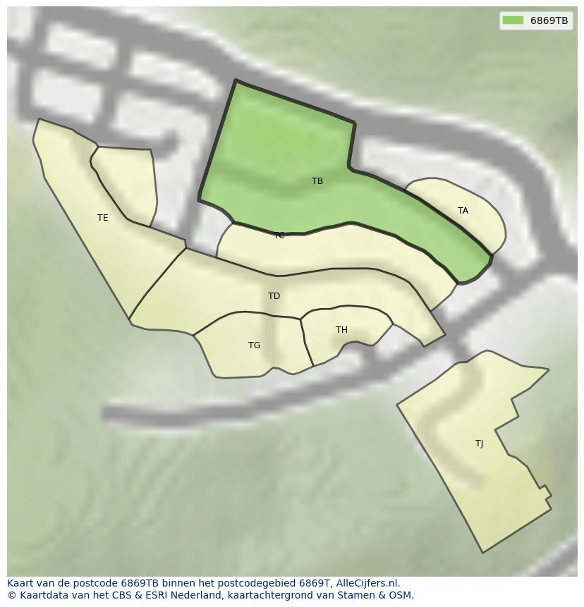 Afbeelding van het postcodegebied 6869 TB op de kaart.
