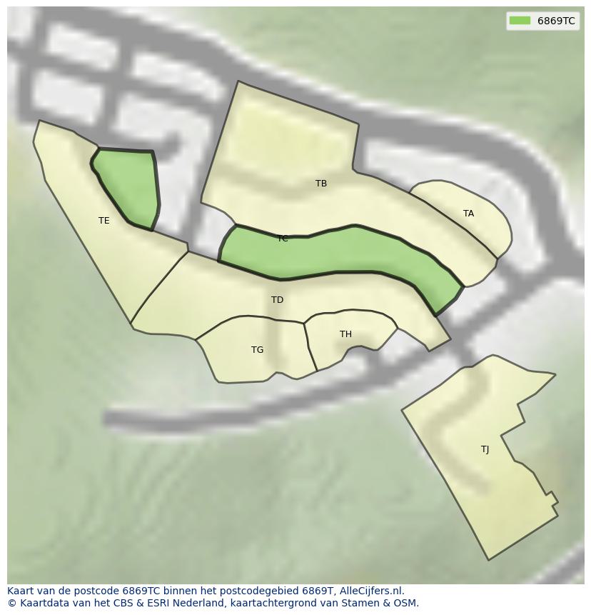 Afbeelding van het postcodegebied 6869 TC op de kaart.