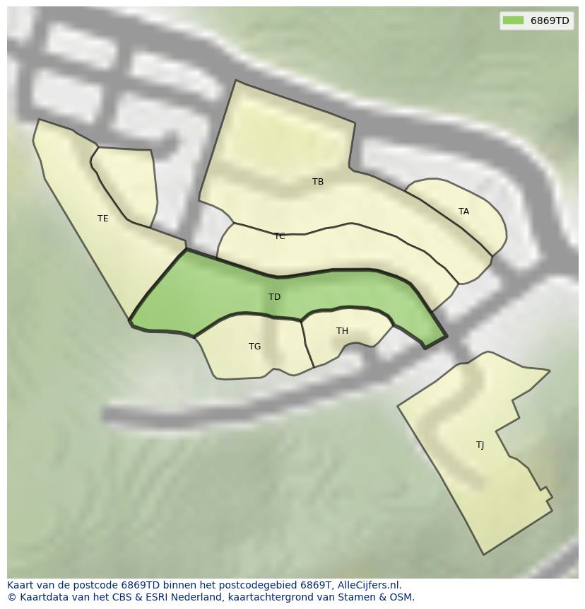 Afbeelding van het postcodegebied 6869 TD op de kaart.
