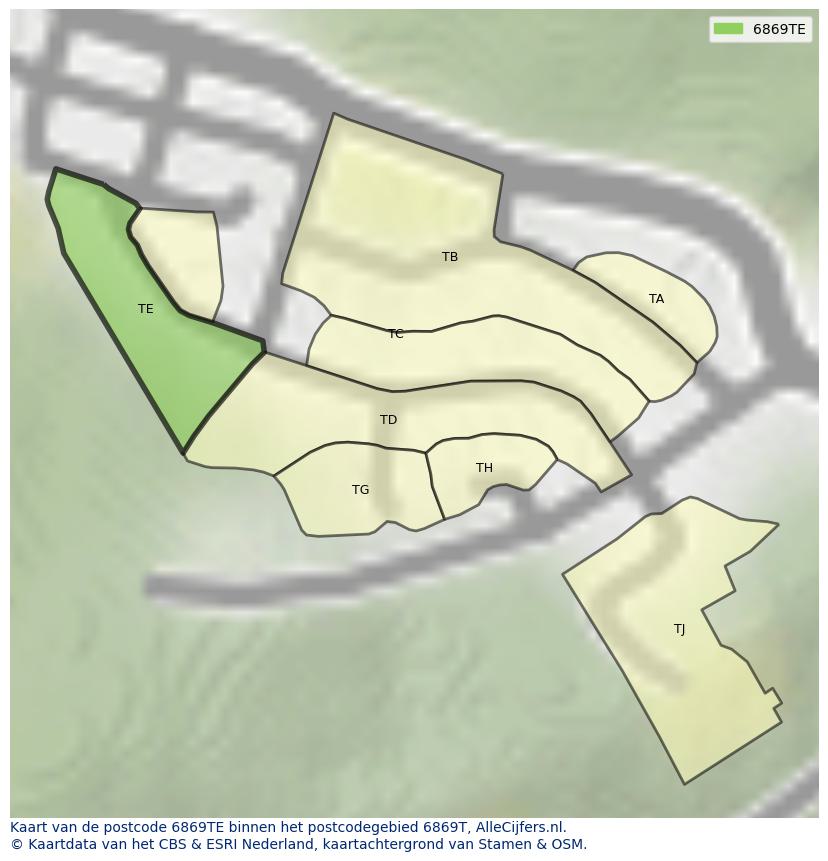 Afbeelding van het postcodegebied 6869 TE op de kaart.
