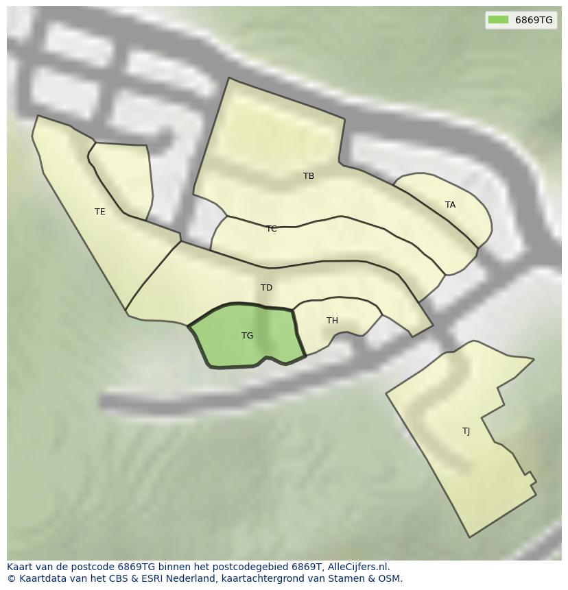 Afbeelding van het postcodegebied 6869 TG op de kaart.