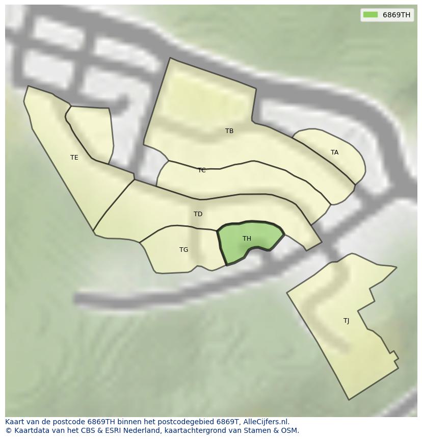 Afbeelding van het postcodegebied 6869 TH op de kaart.