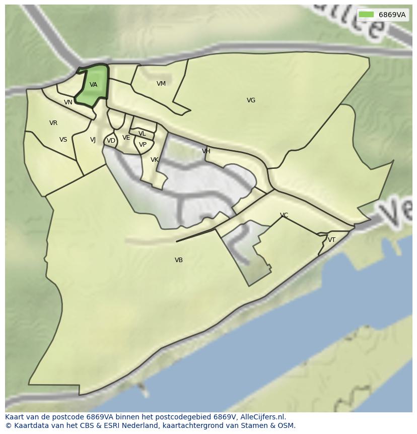 Afbeelding van het postcodegebied 6869 VA op de kaart.