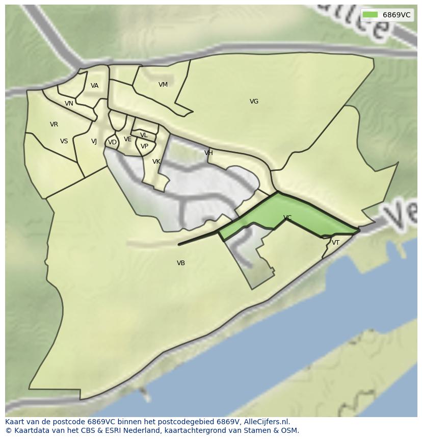 Afbeelding van het postcodegebied 6869 VC op de kaart.