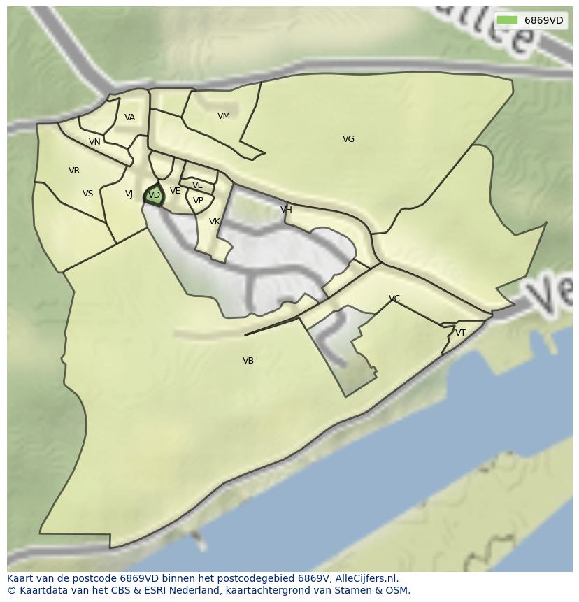 Afbeelding van het postcodegebied 6869 VD op de kaart.