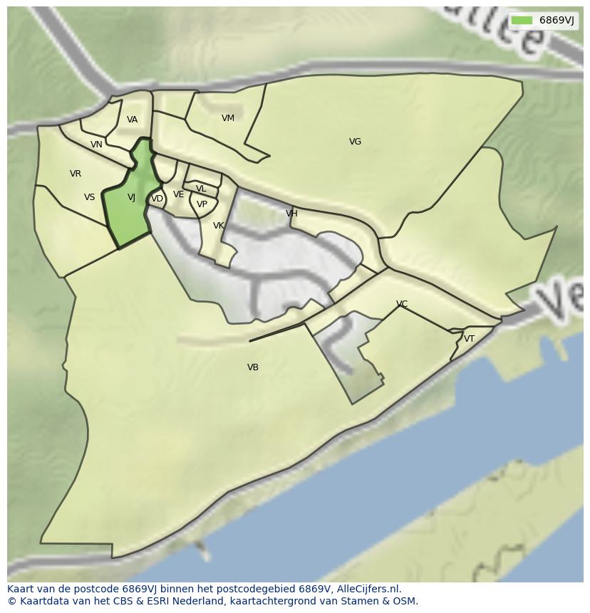 Afbeelding van het postcodegebied 6869 VJ op de kaart.