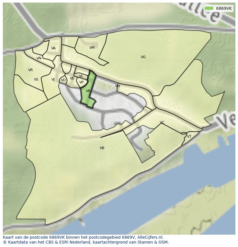 Afbeelding van het postcodegebied 6869 VK op de kaart.