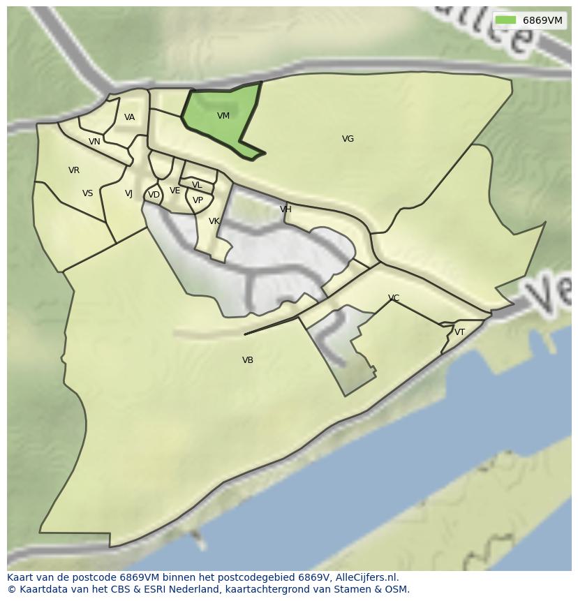 Afbeelding van het postcodegebied 6869 VM op de kaart.