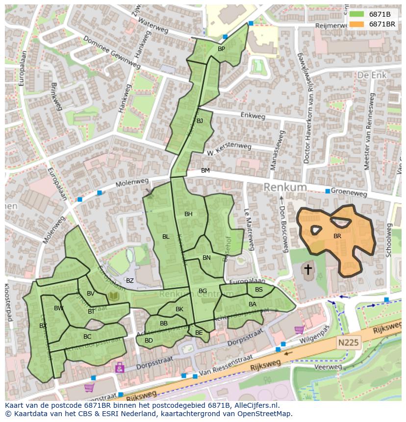 Afbeelding van het postcodegebied 6871 BR op de kaart.
