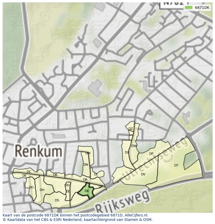 Afbeelding van het postcodegebied 6871 DK op de kaart.