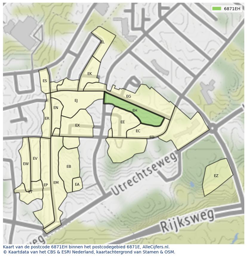 Afbeelding van het postcodegebied 6871 EH op de kaart.