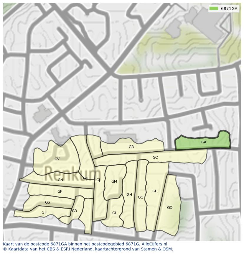 Afbeelding van het postcodegebied 6871 GA op de kaart.