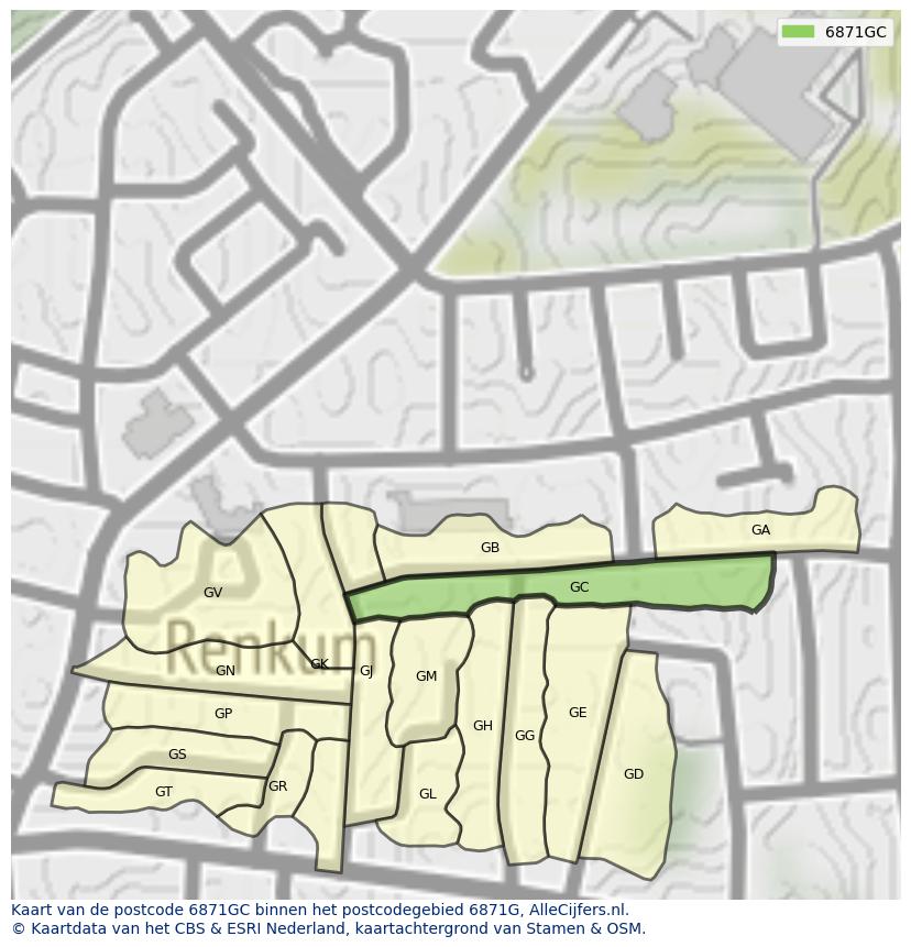Afbeelding van het postcodegebied 6871 GC op de kaart.