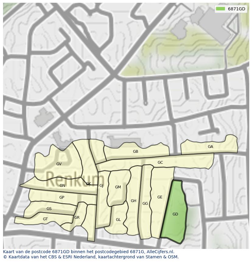 Afbeelding van het postcodegebied 6871 GD op de kaart.