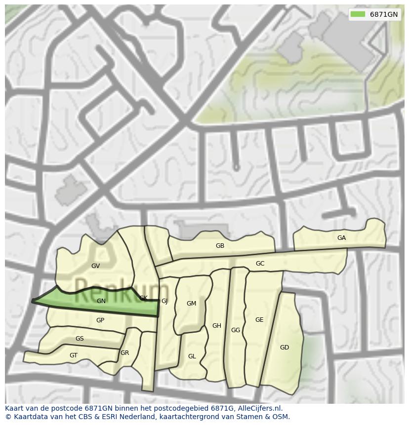 Afbeelding van het postcodegebied 6871 GN op de kaart.