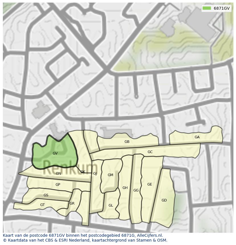 Afbeelding van het postcodegebied 6871 GV op de kaart.
