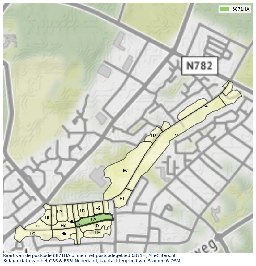 Afbeelding van het postcodegebied 6871 HA op de kaart.