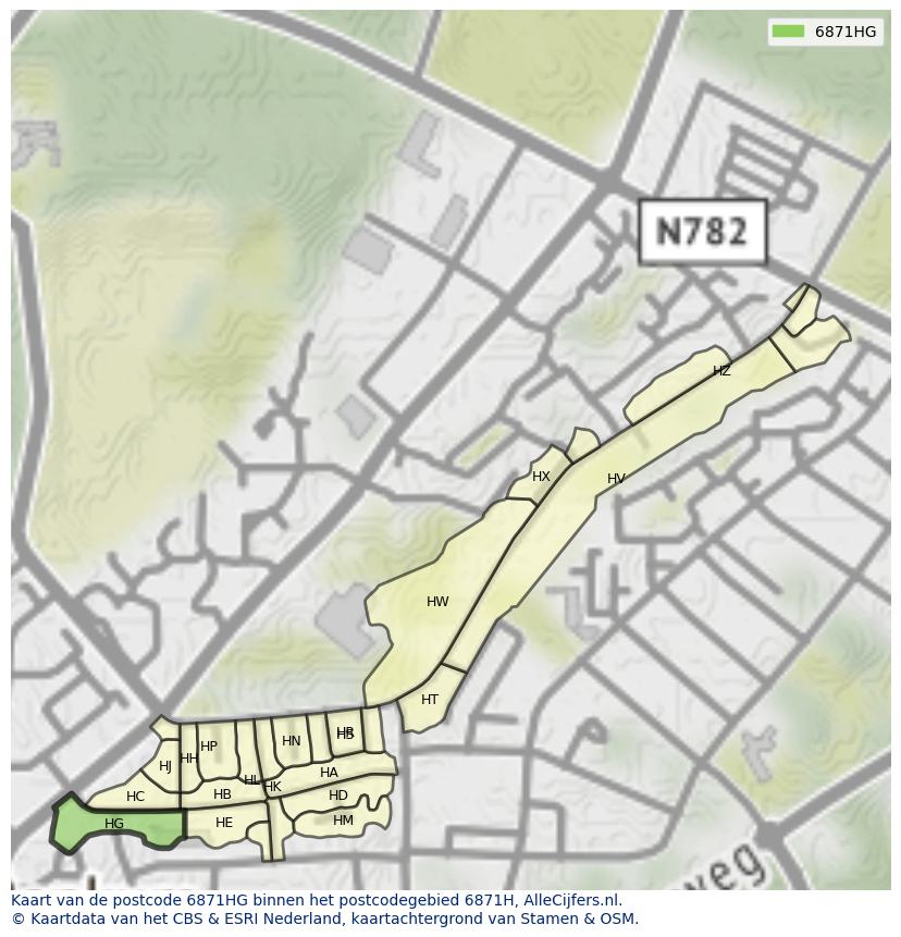 Afbeelding van het postcodegebied 6871 HG op de kaart.
