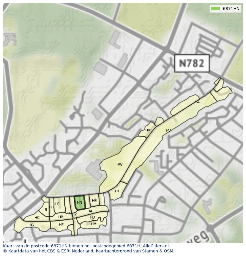 Afbeelding van het postcodegebied 6871 HN op de kaart.