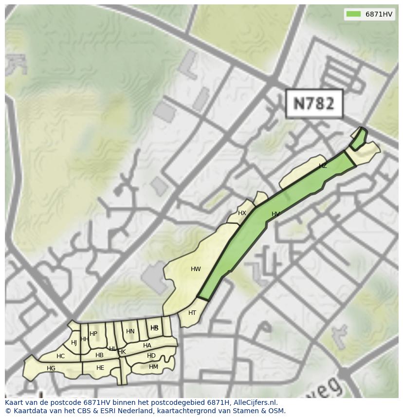 Afbeelding van het postcodegebied 6871 HV op de kaart.