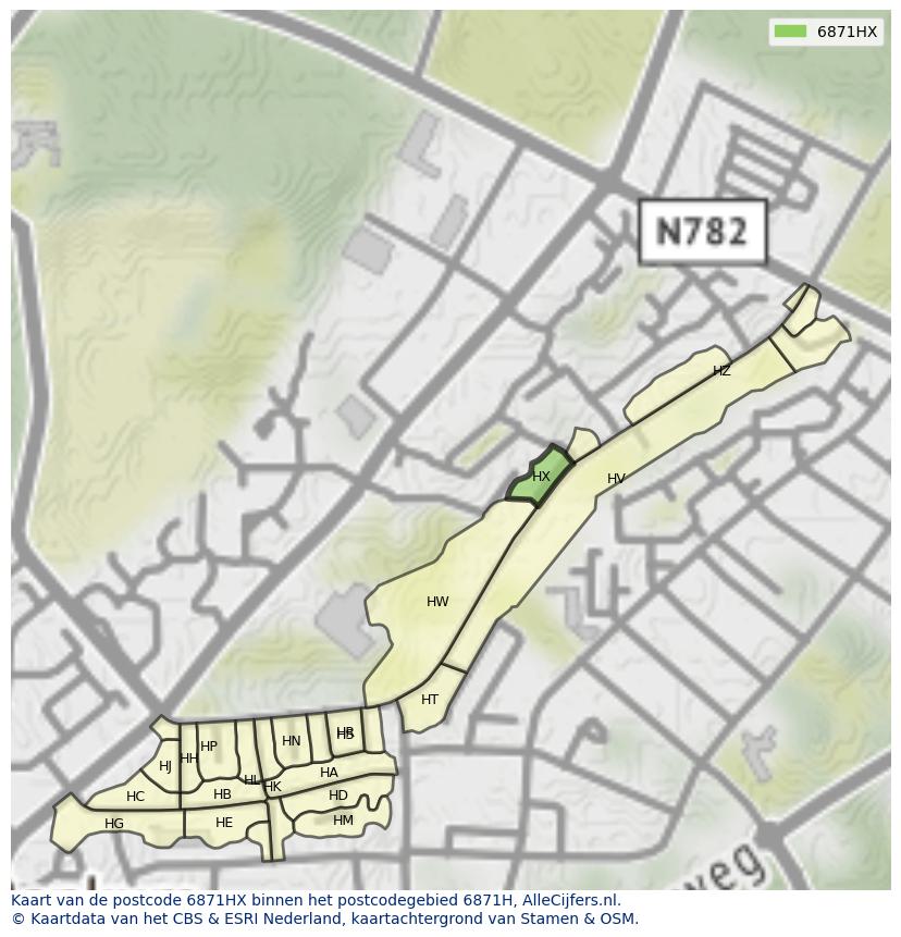 Afbeelding van het postcodegebied 6871 HX op de kaart.