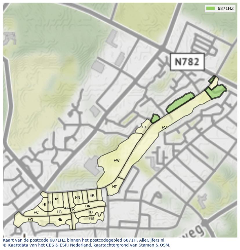 Afbeelding van het postcodegebied 6871 HZ op de kaart.