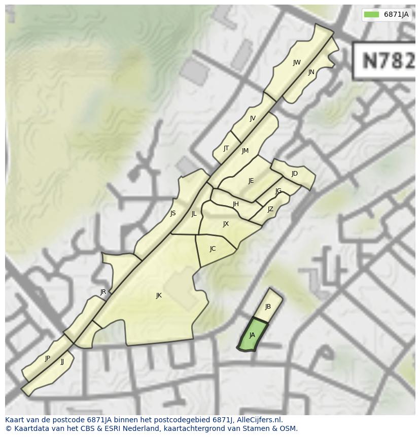 Afbeelding van het postcodegebied 6871 JA op de kaart.