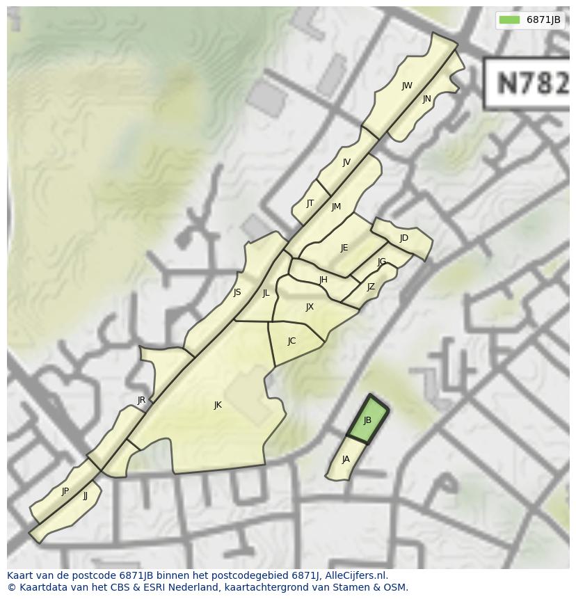 Afbeelding van het postcodegebied 6871 JB op de kaart.