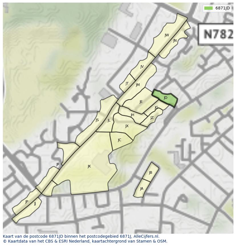 Afbeelding van het postcodegebied 6871 JD op de kaart.