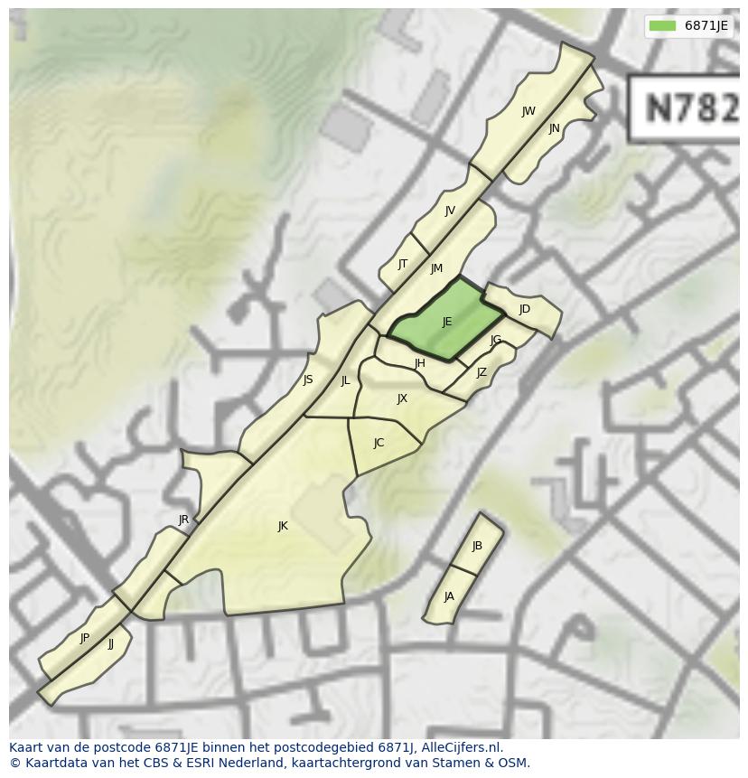 Afbeelding van het postcodegebied 6871 JE op de kaart.