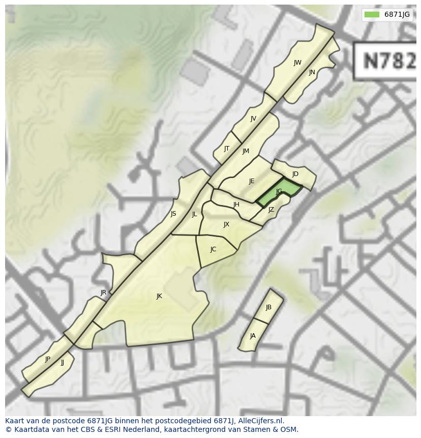 Afbeelding van het postcodegebied 6871 JG op de kaart.