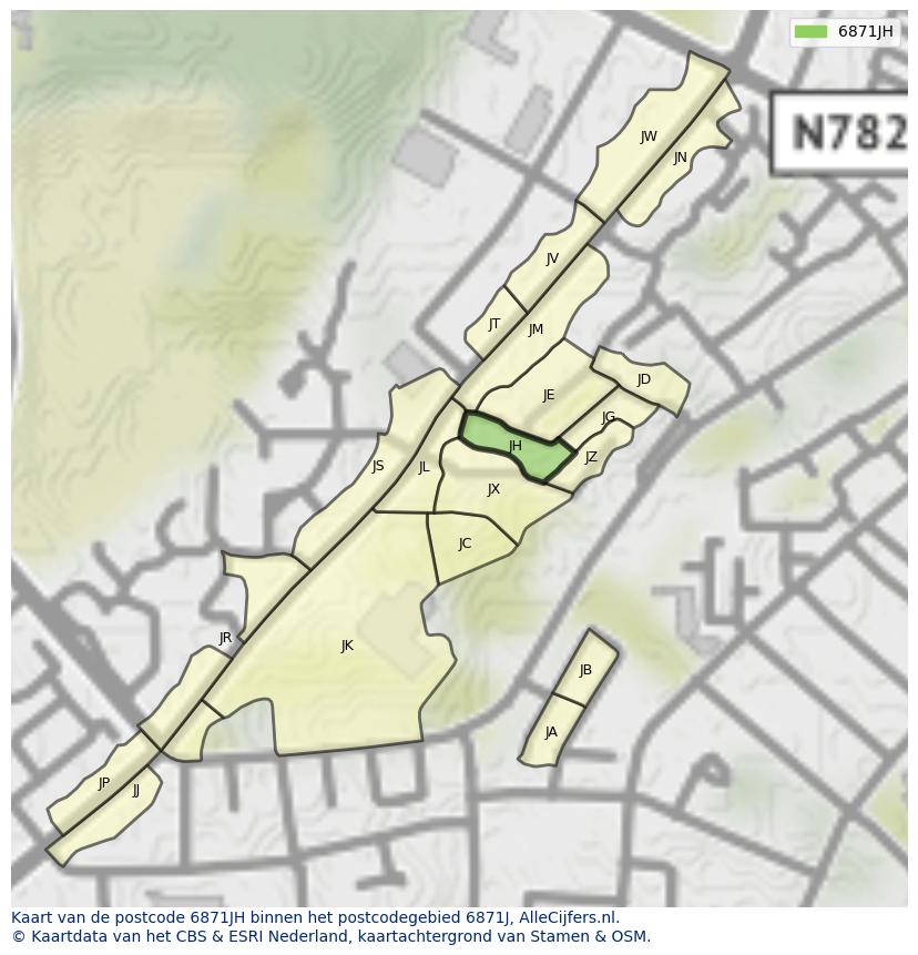 Afbeelding van het postcodegebied 6871 JH op de kaart.
