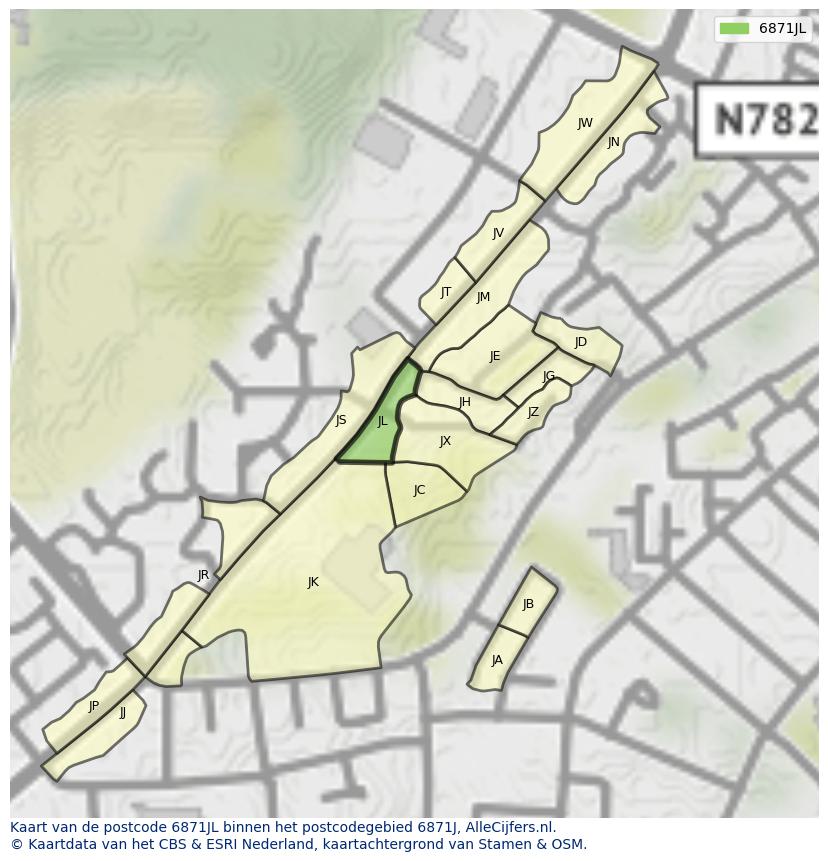 Afbeelding van het postcodegebied 6871 JL op de kaart.