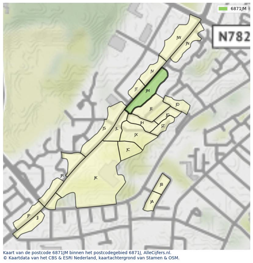 Afbeelding van het postcodegebied 6871 JM op de kaart.