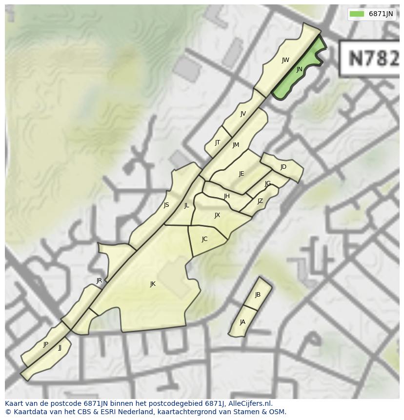 Afbeelding van het postcodegebied 6871 JN op de kaart.