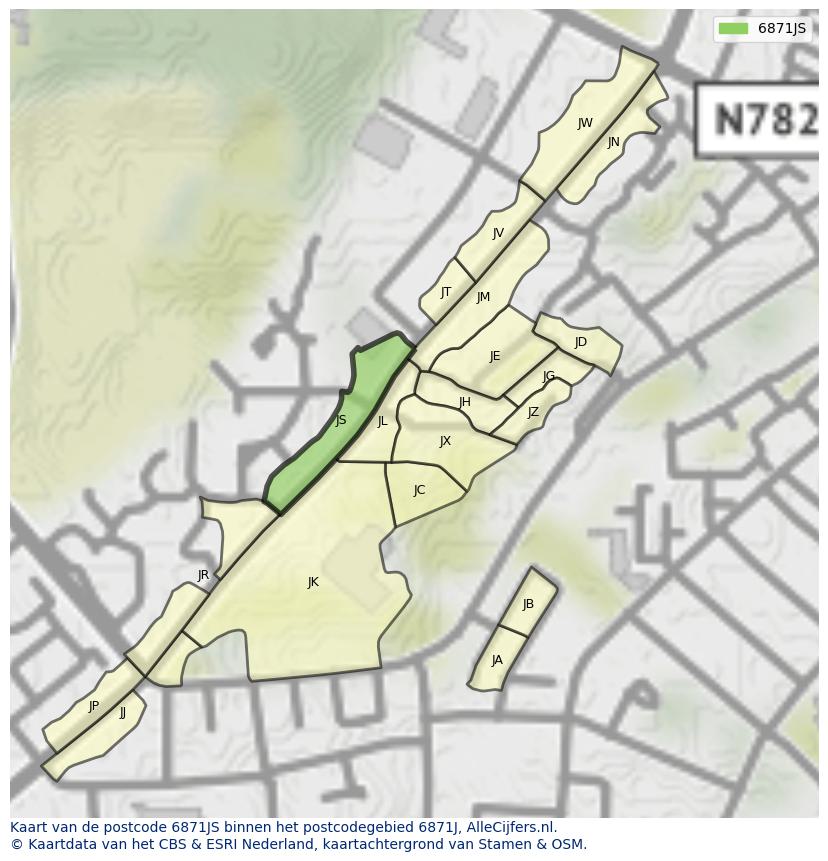 Afbeelding van het postcodegebied 6871 JS op de kaart.